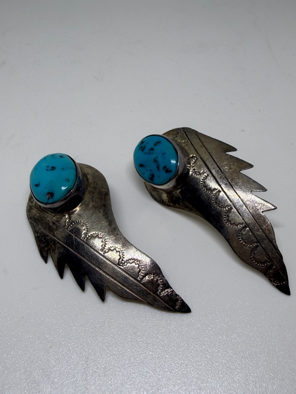 JN Sterling Silver and Turquoise Stone Feather Earrings